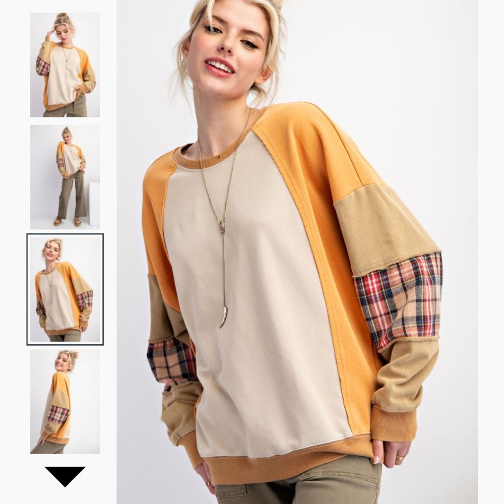 Colorblock Plaid Sleeve Sweater By Easel